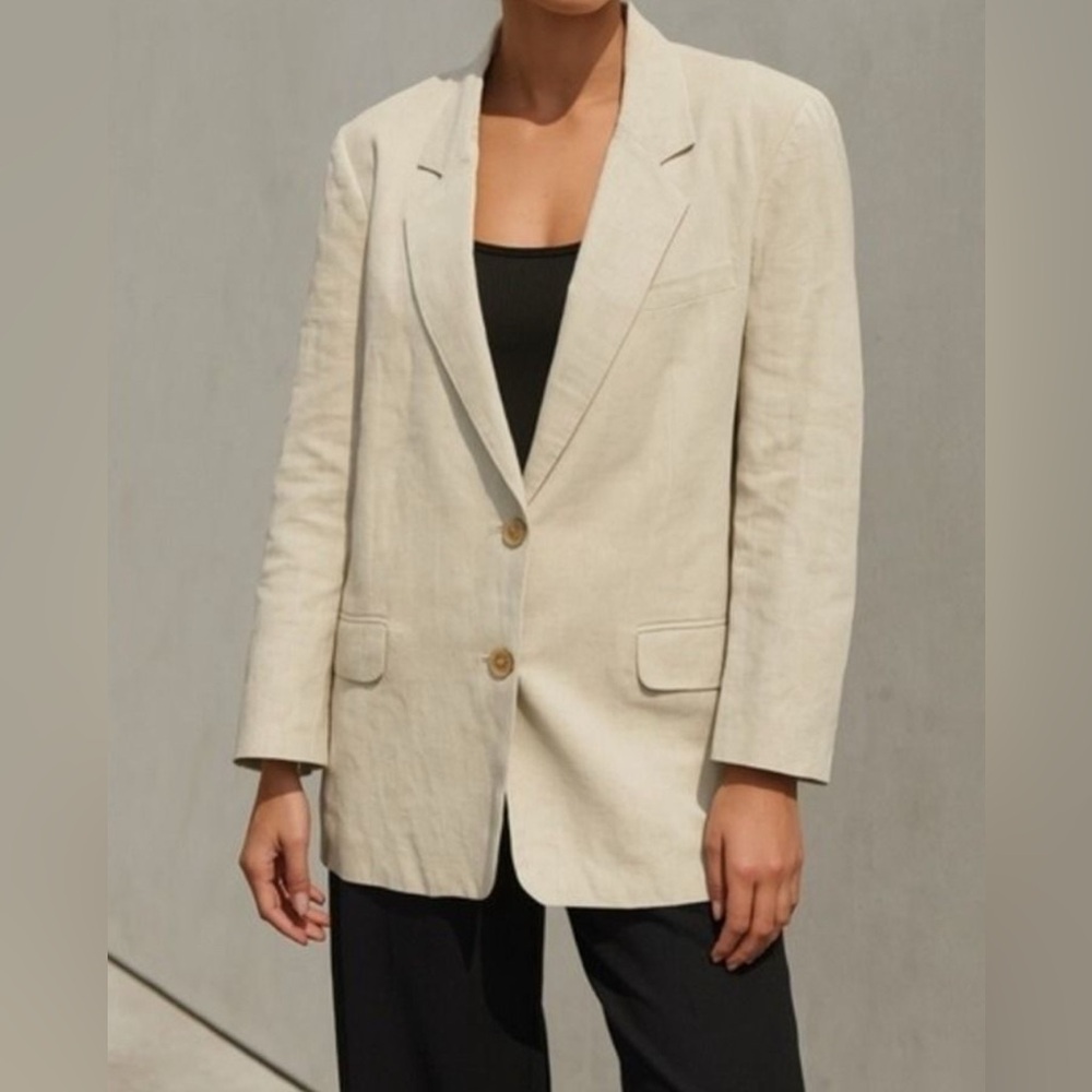 90s Vintage JH sz 12 Womens Linen Tan Button‎ Blazer Jacket Laggenlook Career